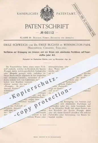 original Patent - Emile Schweich , Dr. Emile Bucher , Winnington Park , Northwich Cheshire , 1891 , braune Faser | Braun