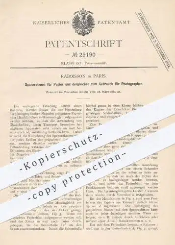 original Patent - Raboisson , Paris Frankreich , 1884 , Spannrahmen für Papier für Fotograf | Foto , Kamera , Fotografie