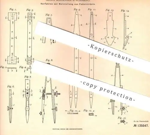 original Patent - Georg Schoenner , Nürnberg , 1901 , Herstellung von Federzirkel | Nullenzirkel , Zirkel , Mathematik