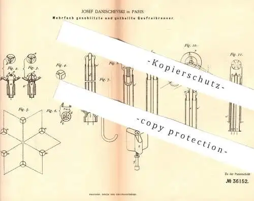 original Patent - Josef Danischevski , Paris , 1885 , geschlitzte u. geteilte Gasfreibrenner | Gas , Brenner , Licht !!!