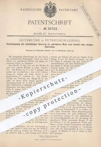 original Patent - Gutsmuths , Leipzig / Eutritzsch , 1885 , Klauenkupplung mit selbsttätiger Sperrung | Kupplung , Motor