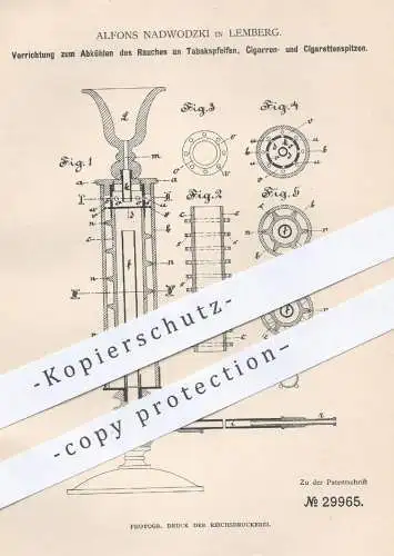 original Patent - Alfons Nadwodzki , Lemberg , 1884 , Abkühlen des Rauches an Tabakspfeifen , Zigarren , Zigaretten !!!