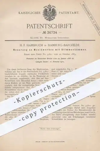 original Patent - H. F. Hambruch , Hamburg / Bargfelde , 1886 , Musikwerk mit Stimmenkämmen | Musikinstrument , Musik !!