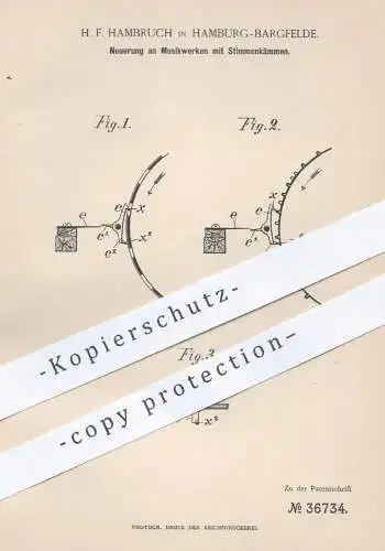 original Patent - H. F. Hambruch , Hamburg / Bargfelde , 1886 , Musikwerk mit Stimmenkämmen | Musikinstrument , Musik !!