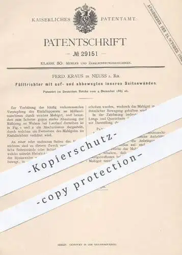 original Patent - Ferd. Kraus , Neuss a. Rh. , 1883 , Fülltrichter mit inneren Seitenwänden | Trichter , Mühle , Müller