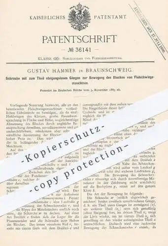 original Patent - Gustav Hammer , Braunschweig 1885 , Schraube für Fleischwiegemaschine | Waage , Schlachter , Fleischer