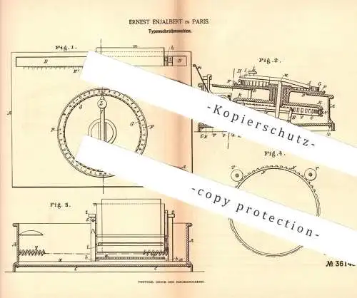 original Patent - Ernest Enjalbert , Paris , Frankreich , 1885 , Typenschreibmaschine | Typen - Schreibmaschine | Druck