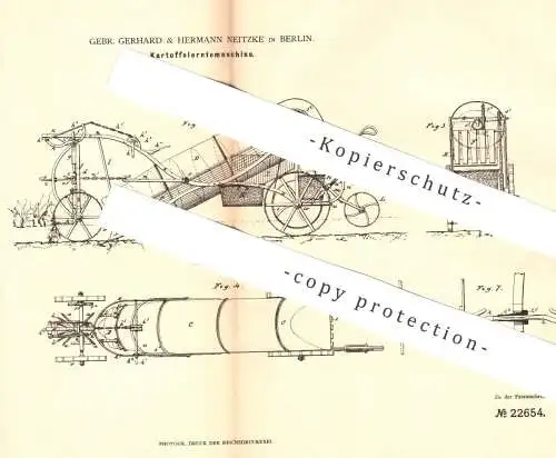 original Patent - Gebr. Gerhard & Hermann Neitzke , Berlin , 1882 , Kartoffelerntemaschine | Kartoffel - Erntemaschine !