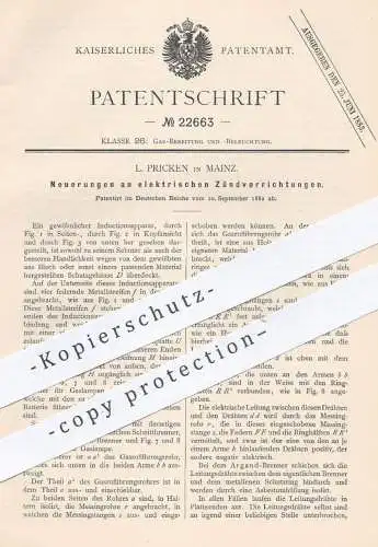 original Patent - L. Pricken , Mainz , 1882 , elektrische Zündvorrichtung | Zündung , Zünder , Gas , Strom , Elektriker