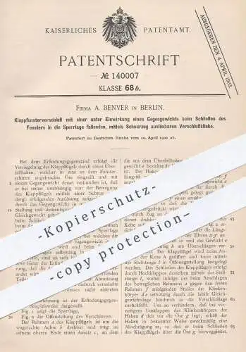 original Patent - A. Benver , Berlin , 1902 , Klappfensterverschluss | Fenster , Fensterbauer , Tischler , Fensterbau