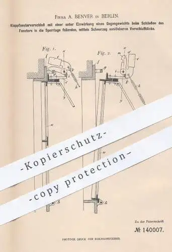 original Patent - A. Benver , Berlin , 1902 , Klappfensterverschluss | Fenster , Fensterbauer , Tischler , Fensterbau