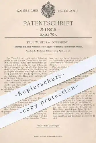 original Patent - Paul W. Siebs , Dortmund  1902 , Tintenfass mit selbst schließendem Deckel | Tinte , Fass , Füllhalter