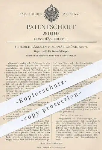 original Patent - Friedrich Gänsslen , Schwäbisch Gmünd , 1906 , Absperrventil für Wasserleitungen | Ventil , Klempner