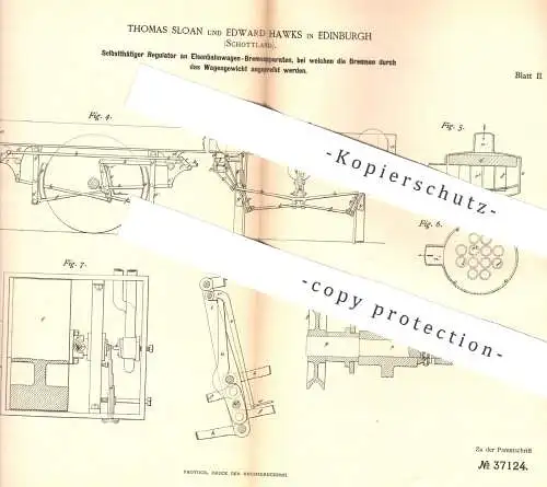 original Patent - Thomas Sloan , Edward Hawks , Edinburgh  Schottland , 1885 , Regulator an Eisenbahn - Bremsen | Bremse