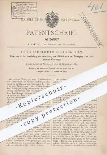 original Patent - Otto Fahnehjelm , Stockholm , 1885 , Glühlampe zur Erzeugung von Licht mittels Wassergas | Lampe !!