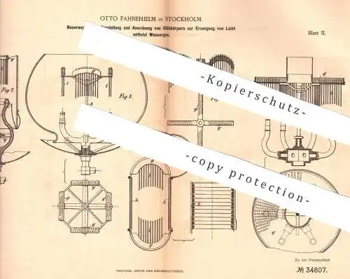 original Patent - Otto Fahnehjelm , Stockholm , 1885 , Glühlampe zur Erzeugung von Licht mittels Wassergas | Lampe !!