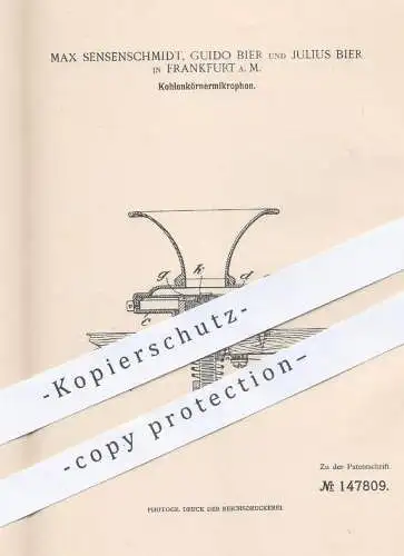 original Patent - Max Sensenschmidt , Guido Bier , Julius Bier , Frankfurt / Main 1902 , Kohlenkörnermikrofon | Mikrofon