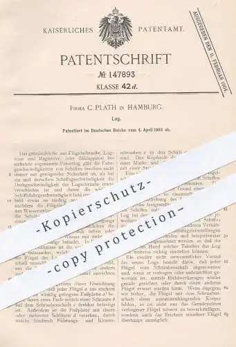 original Patent - C. Plath , Hamburg , 1903 , Log | Geschwindigkeit - Schiff , Schiffe | Schifffahrt , Seefahrer !!!