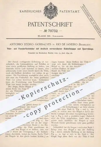 original Patent - Antonio Izidro Gonsalves , Rio de Janeiro , Brasilien , 1894 , Feststellen von Tür u. Fenster | Schiff