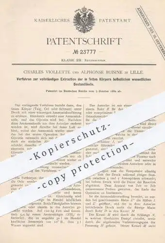 original Patent - Charles Violette , Alphonse Buisine , Lille , 1882 , Extraktion der in Fett enthaltenen Bestandteile !