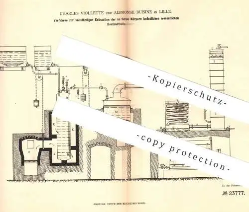 original Patent - Charles Violette , Alphonse Buisine , Lille , 1882 , Extraktion der in Fett enthaltenen Bestandteile !