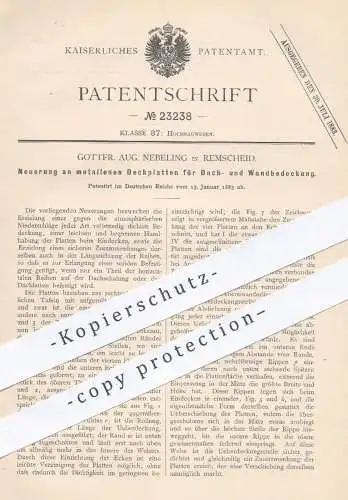 original Patent - Gottfr. Aug. Nebeling , Remscheid , 1883 , Metallplatten für Dach u. Wände | Dachdecker , Hochbau !!!