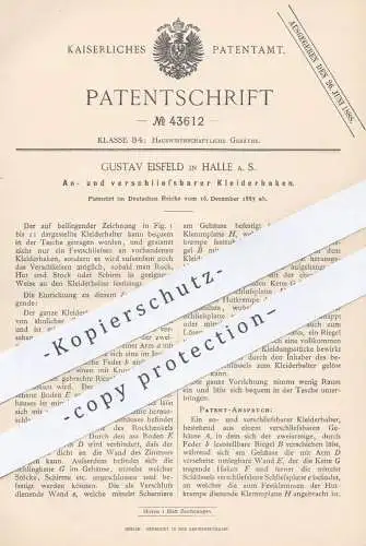 original Patent - Gustav Eisfeld , Halle / Saale , 1887 , verschließbarer Kleiderhaken | Garderobe , Kleider - Haken !!