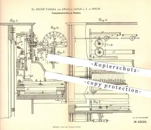 original Patent - Dr. Shohé Tanaka , Awaji in Japan / Berlin , 1887 , Transponiervorrichtung am Piano , Klavier , Flügel