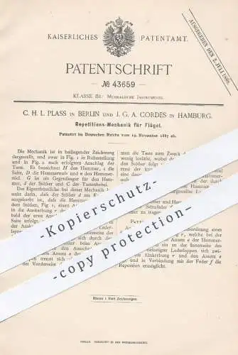 original Patent - C. H. L. Plass , Berlin | J. G. A. Cordes , Hamburg , 1887 , Repetitionsmechanik für Flügel , Klavier