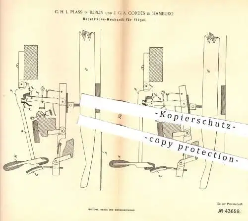 original Patent - C. H. L. Plass , Berlin | J. G. A. Cordes , Hamburg , 1887 , Repetitionsmechanik für Flügel , Klavier