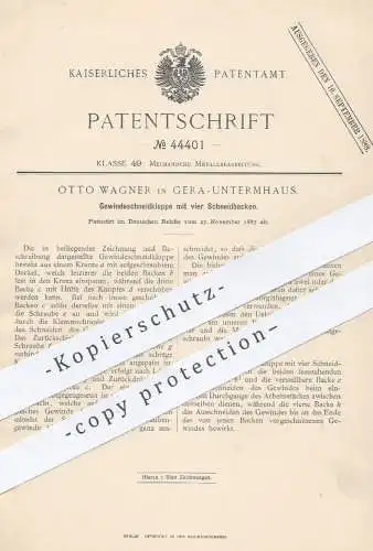 original Patent - Otto Wagner , Gera / Untermhaus , 1887 , Gewindeschneidkluppe mit 4 Schneidbacken | Kluppe !!