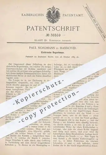 original Patent - Paul Nordmann , Hannover , 1885 , Elektrische Bogenlampe | Lampe , Licht , Strom , Elektriker !!