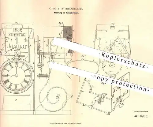 original Patent - C. Votti , Philadelphia , USA , 1882 , Kalenderuhr | Kalender , Uhr , Uhren , Uhrwerk , Uhrmacher !!!