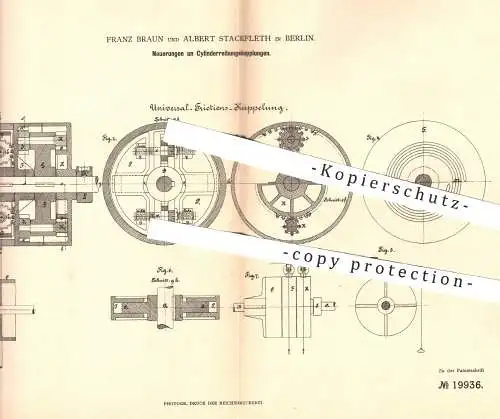 original Patent - Franz Braun u. Albert Stackfleth , Berlin , 1882 , Zylinderreibungskupplung | Kupplung , Eisenbahn !!