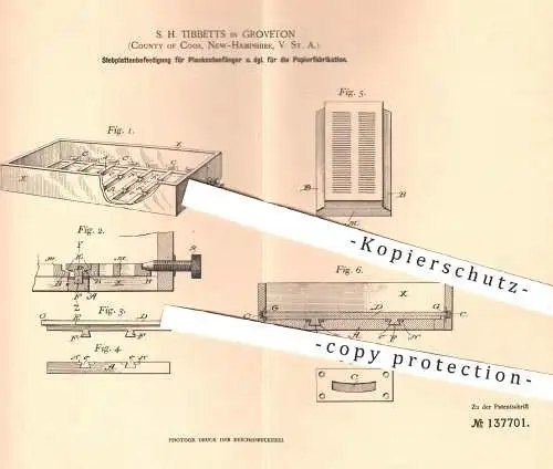 original Patent - S. H. Tibbets , Groveton , Coos , New Hampshire , USA 1902 , Siebplattenbefestigung | Papier - Fabrik