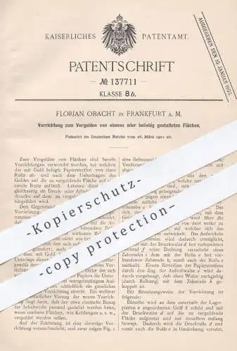 original Patent - Florian Obacht , Frankfurt / Main 1901 , Vergolden von Flächen | Gold , Blattgold , Stuckateur , Druck