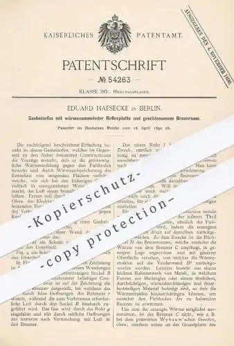 original Patent - Eduard Haesecke , Berlin , 1890 , Gasheizofen | Gasofen , Heizung , Ofen , Ofenbauer , Gas !!