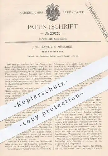 original Patent - J. W. Stawitz , München , 1883 , Wassermesser | Wasser , Wasserstrahl , Strom , Rotation , Kolben !!