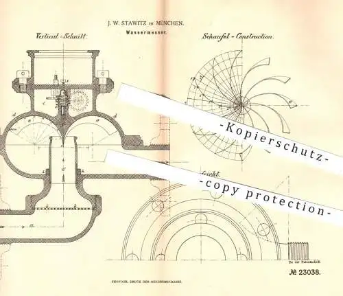 original Patent - J. W. Stawitz , München , 1883 , Wassermesser | Wasser , Wasserstrahl , Strom , Rotation , Kolben !!