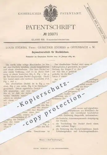 original Patent - Louis Enders , Offenbach / Main , 1883 , Bajonett - Verschluss für Blechbüchsen | Dose , Blechdose