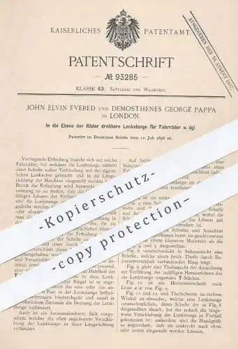 original Patent - John Elvin Evered u. Demosthenes George Pappa , London , 1896 , Lenkstange für Fahrrad | Lenkung !!