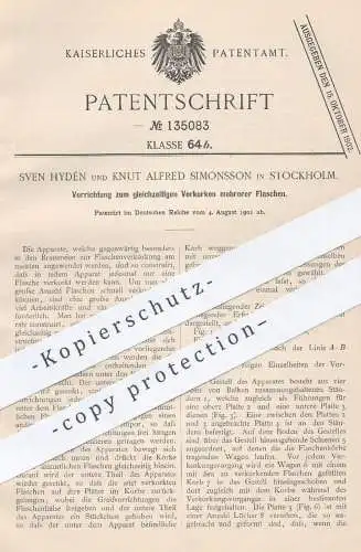 original Patent - Sven Hydén u. Knut Alfred Simonsson , Stockholm , 1901 , Verkorken mehrerer Flaschen | Kork , Korken !