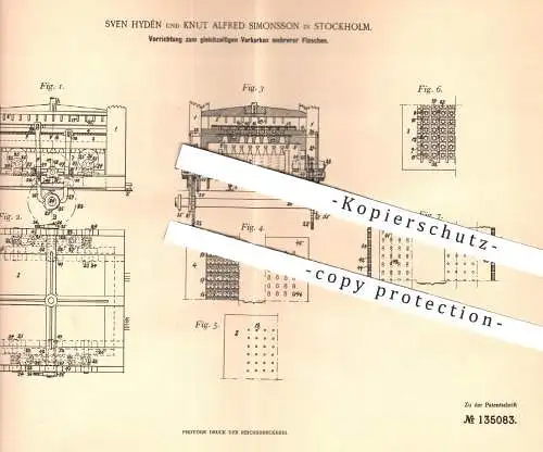 original Patent - Sven Hydén u. Knut Alfred Simonsson , Stockholm , 1901 , Verkorken mehrerer Flaschen | Kork , Korken !