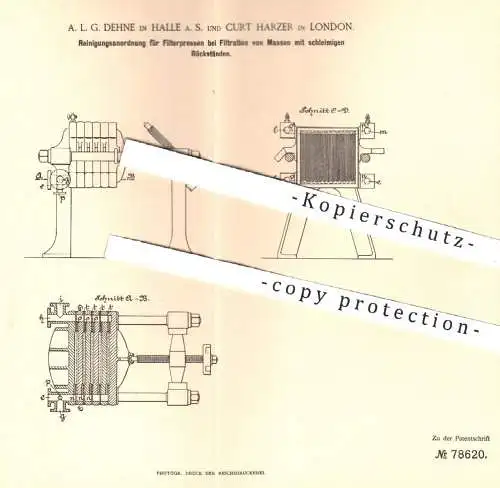 original Patent - A. L. G. Dehne , Halle / Saale u. Curt Harzer , London , 1894 , Reinigung an Filterpressen | Presse !!