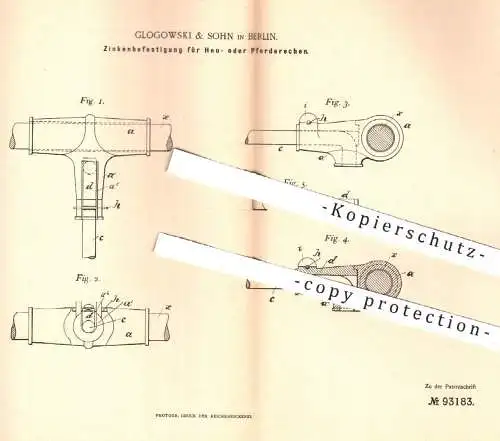 original Patent - Glogowski & Sohn , Berlin , 1896 ,  Zinkenbefestigung für Heurechen o. Pferderechen | Zinken an Rechen