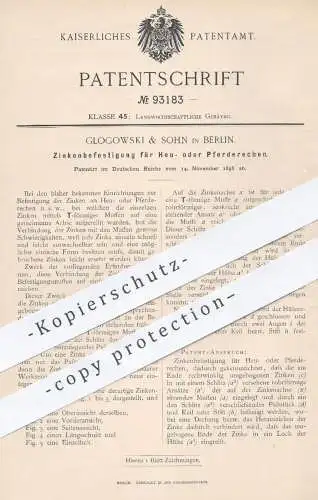 original Patent - Glogowski & Sohn , Berlin , 1896 , Zinkenbefestigung für Heurechen o. Pferderechen | Zinekn aRechen ,