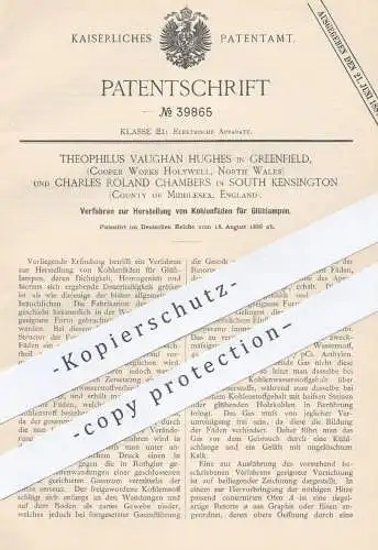 original Patent - Theophilus Vaughan Hughes , Greenfield | Ch. Roland Chambers , Kensington , 1886 , Glühlampe !!!