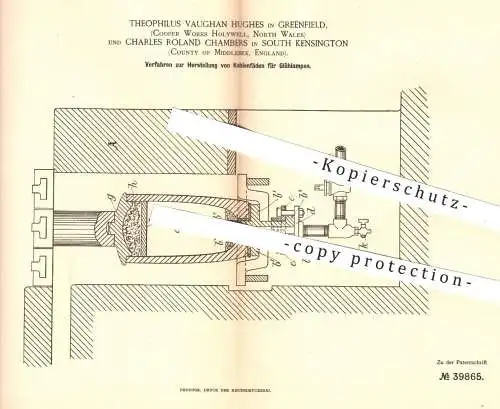 original Patent - Theophilus Vaughan Hughes , Greenfield | Ch. Roland Chambers , Kensington , 1886 , Glühlampe !!!
