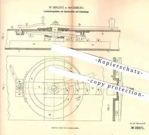 original Patent - W. Seeglitz , Magdeburg , 1886 , Lastwindengetriebe mit Spiralscheibe u. Zahnstange | Winde , Hebezeug