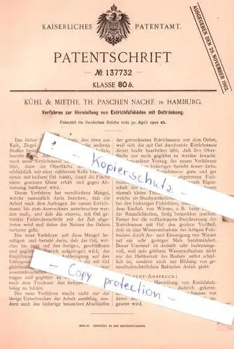 original Patent - Kühl & Miethe, Th. Paschen Nachf. in Hamburg , 1902 , Herstellung von Estrichfußböden !!!